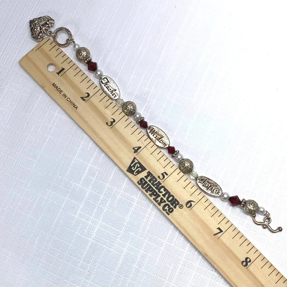 Teacher Inspire Wisdom Heart Charm Toggle Bracelet Silver Tone‎ Beads Red Gems